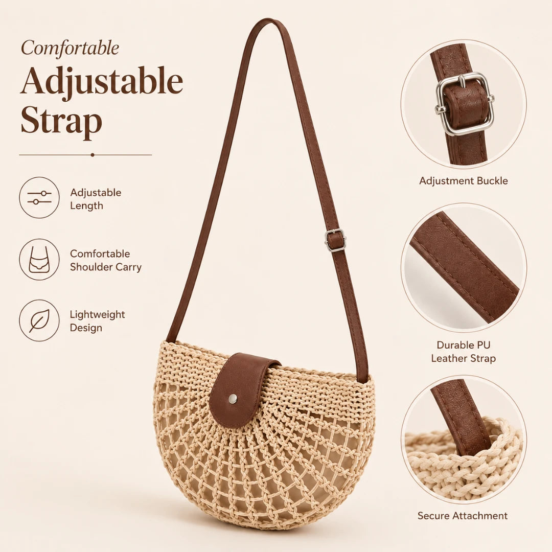 Josh & Tate - CrochetMoon™ Straw Crossbody Bag- Woven handbag with adjustable strap on a beige background