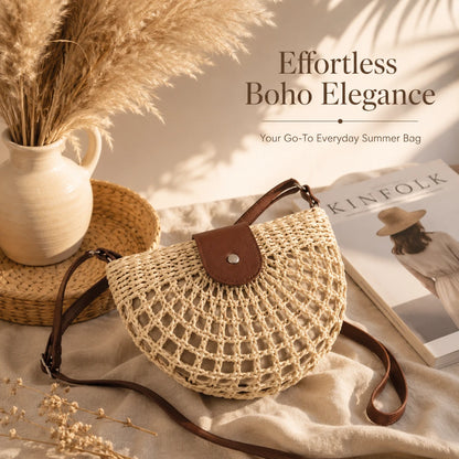 Josh & Tate - CrochetMoon™ Straw Crossbody Bag - Woven handbag with brown leather accents on a neutral background with text 'Effortless Boho Elegance'.
