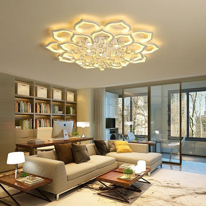 Modern living room with a decorative ceiling light fixture.