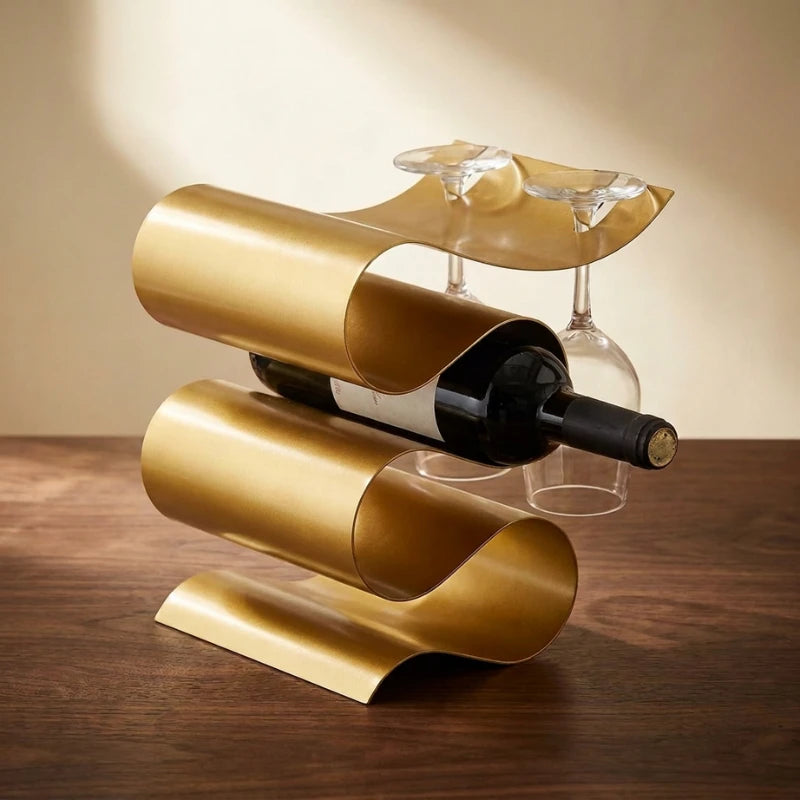 Josh & Tate CurveRack S-Wave Wine Stand - brushed gold on walnut surface hero shot