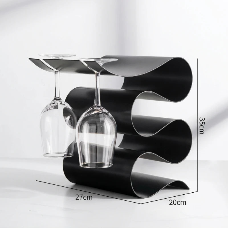 Black wavy wine glass holder with two glasses on a white background