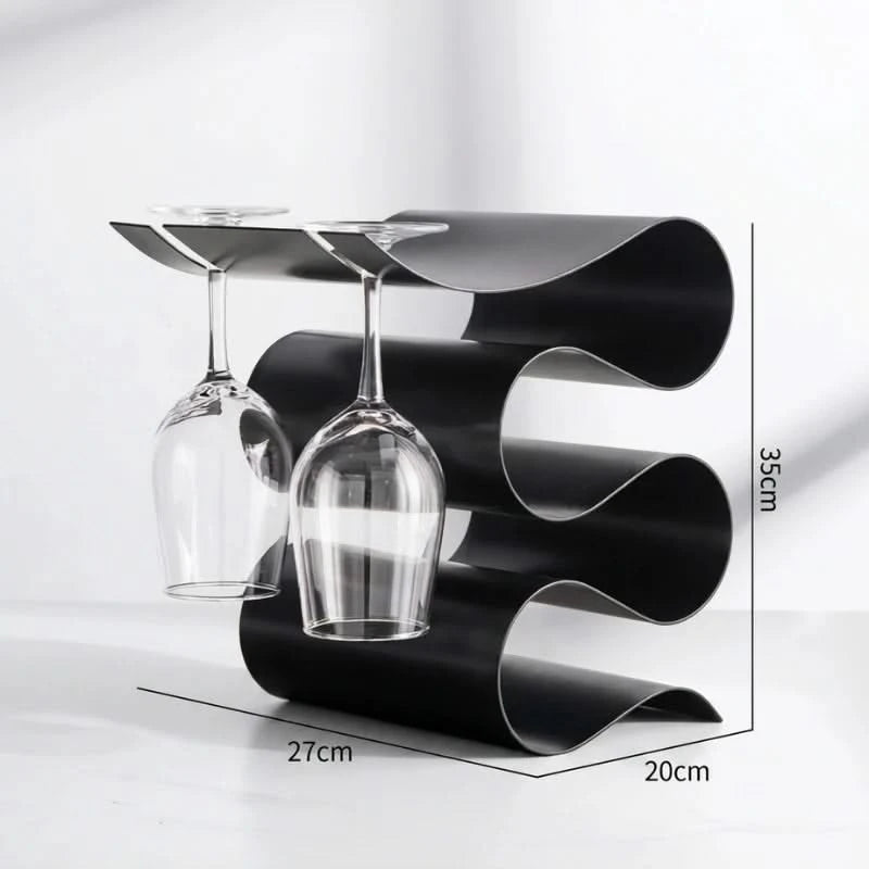 Black wavy wine glass holder with two glasses on a white background