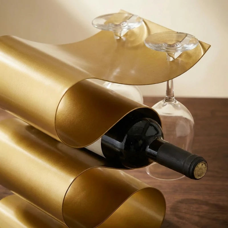 Josh & Tate CurveRack S-Wave Wine Stand - brushed gold on walnut surface hero shot