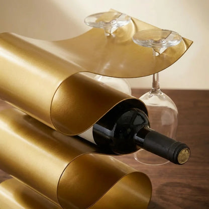 Josh & Tate CurveRack S-Wave Wine Stand - brushed gold on walnut surface hero shot