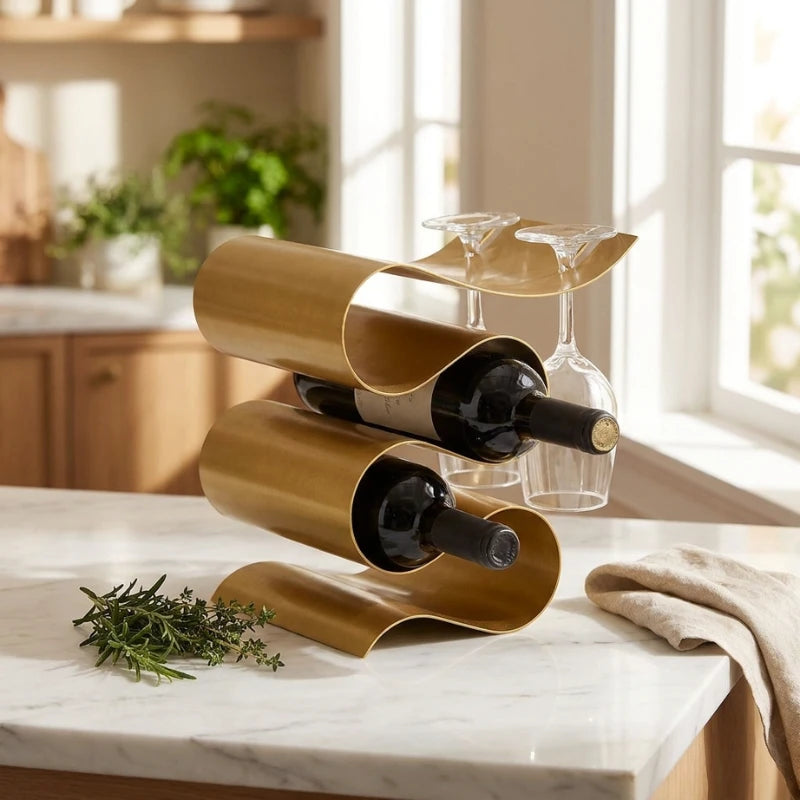 Josh & Tate CurveRack S-Wave Wine Stand - styled on marble kitchen counter with bottles