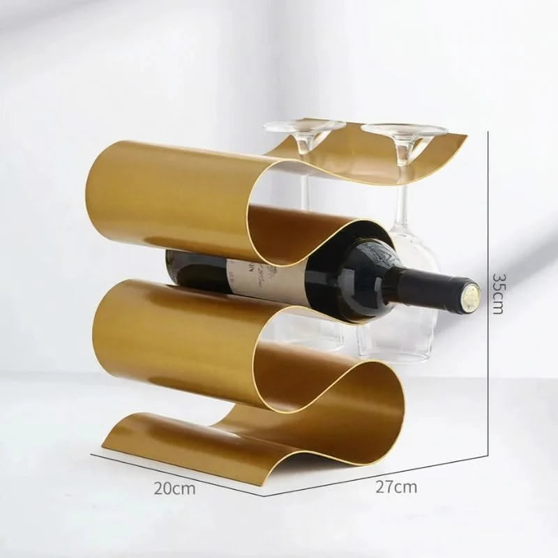 Gold wine rack holding a bottle with dimensions displayed