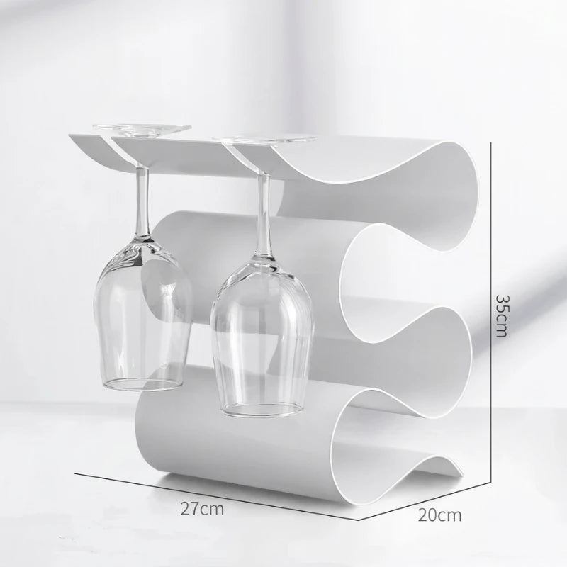 White wine glass holder with two glasses hanging, dimensions displayed
