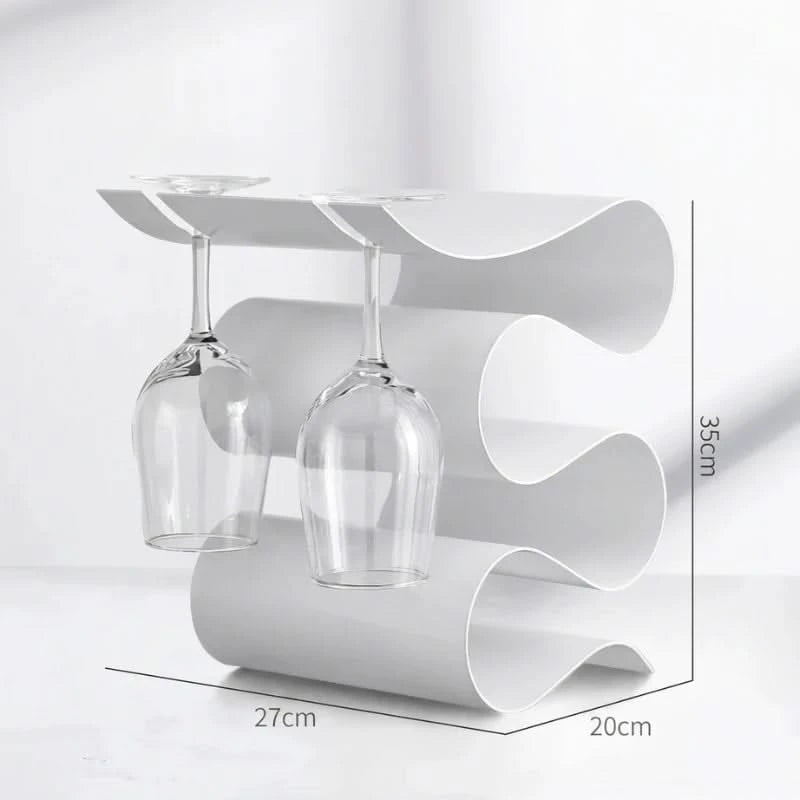 White wine glass holder with two glasses hanging, dimensions displayed