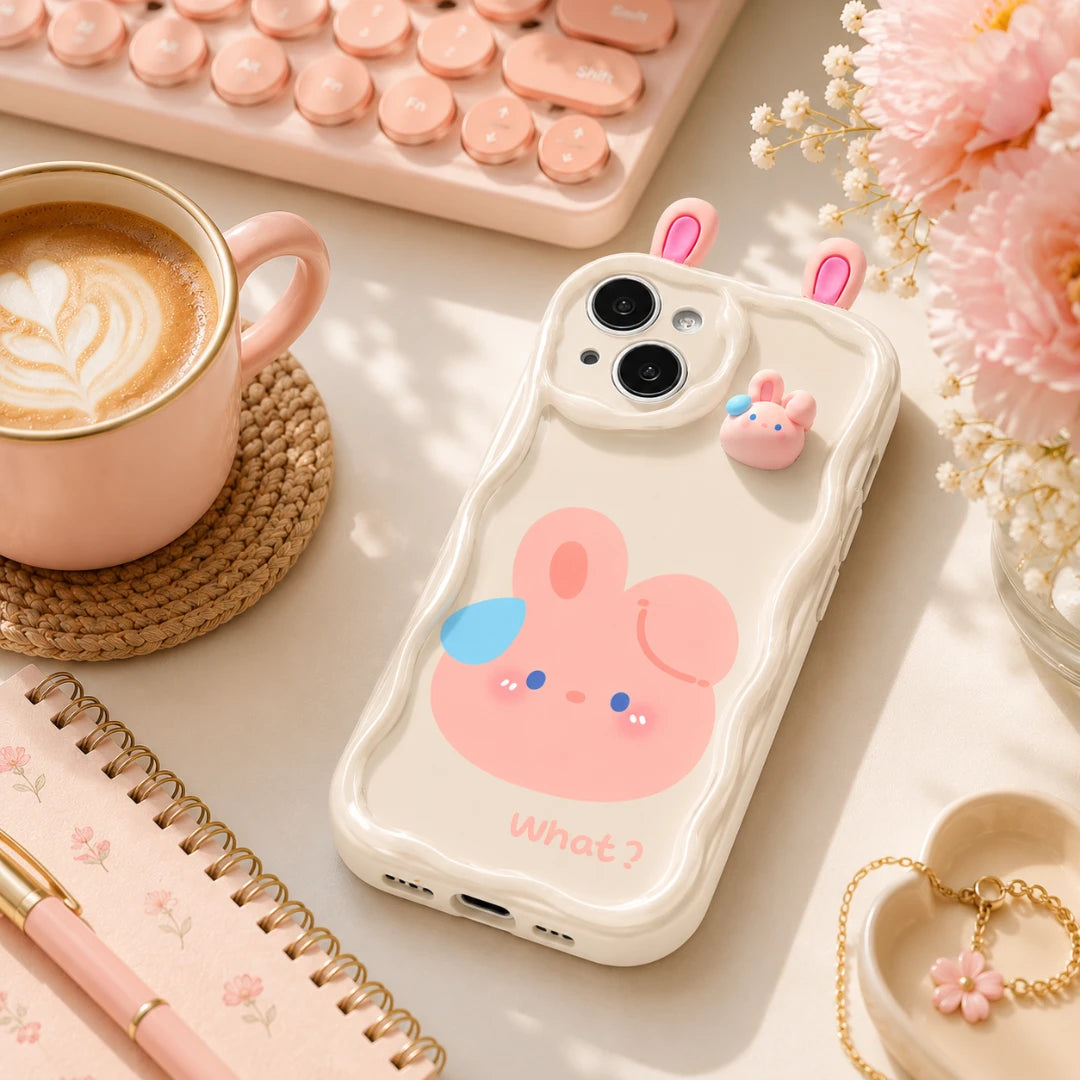 Josh & Tate - CuteSilicone™ iPhone Case - A white phone case with a pink bunny illustration and the word 'What?' on the back, styled on a desk with a pink coffee cup, notebook, keyboard, flowers, and jewelry.