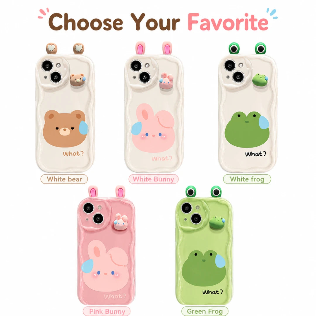 Josh & Tate - CuteSilicone™ iPhone Case - A product graphic showing five cute phone case designs under the heading 'Choose Your Favorite.' The cases are translucent white and pink with cartoon bear, bunny, and frog faces, plus small raised decorative elements above the camera cutout.