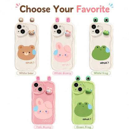 Josh & Tate - CuteSilicone™ iPhone Case - A product graphic showing five cute phone case designs under the heading 'Choose Your Favorite.' The cases are translucent white and pink with cartoon bear, bunny, and frog faces, plus small raised decorative elements above the camera cutout.