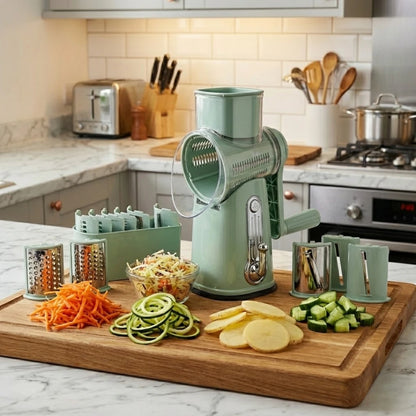 Josh & Tate - SliceMaster™ 5-in-1 Rotary Grater - Vegetable slicer on a kitchen counter with sliced vegetables