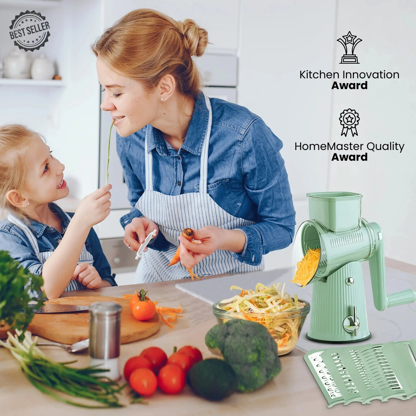 Josh & Tate - SliceMaster™ 5-in-1 Rotary Grater - Woman and child preparing food in a kitchen with a green kitchen tool, surrounded by vegetables and awards on the right.