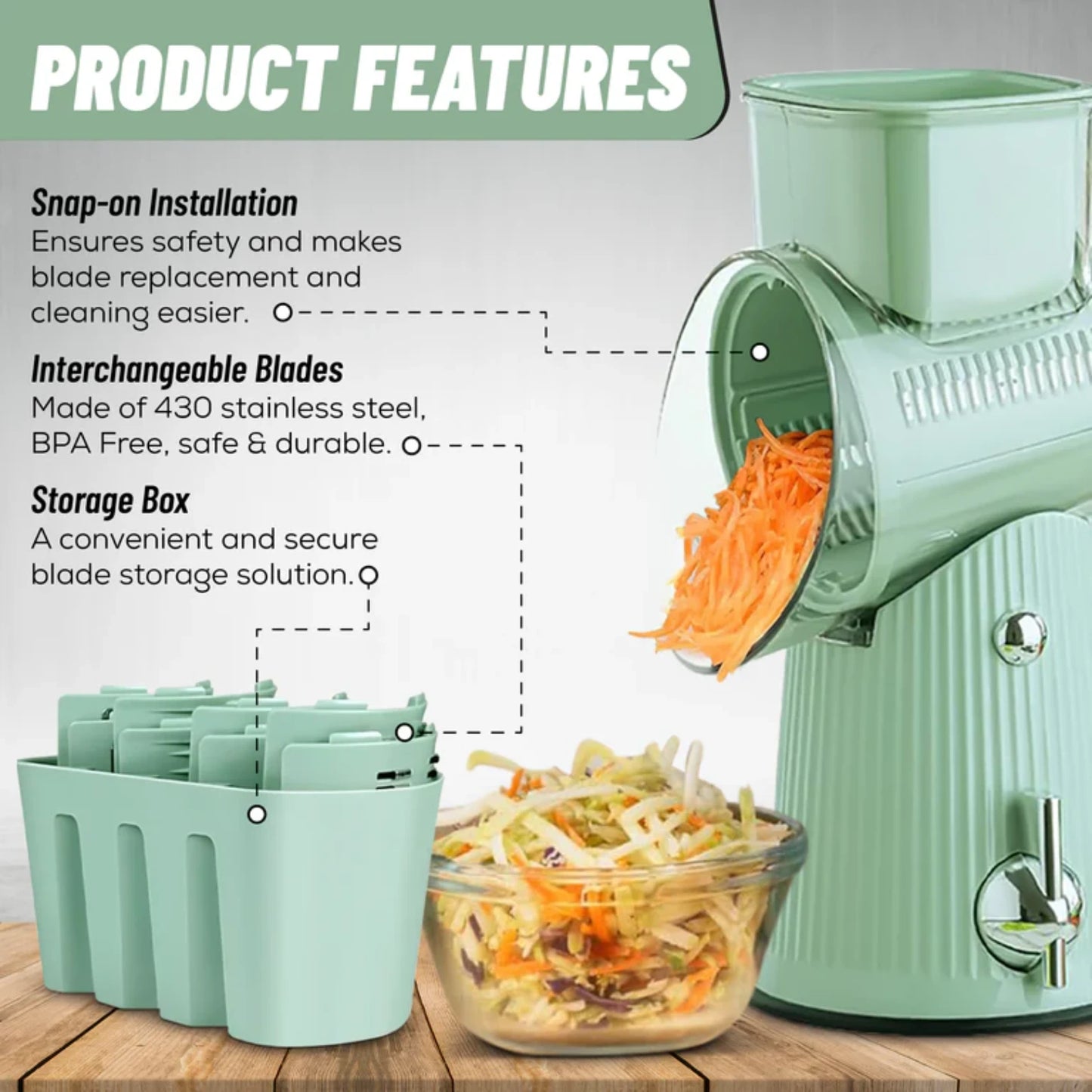Josh & Tate - SliceMaster™ 5-in-1 Rotary Grater - Vegetable grater with storage box and carrot shreds, featuring product features text.