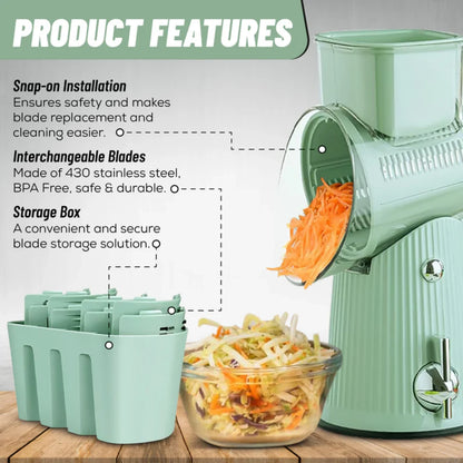 Josh & Tate - SliceMaster™ 5-in-1 Rotary Grater - Vegetable grater with storage box and carrot shreds, featuring product features text.