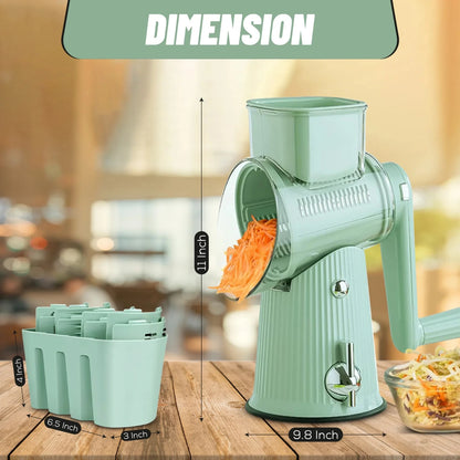 Josh & Tate - SliceMaster™ 5-in-1 Rotary Grater - Green manual meat grinder with dimensions displayed on a wooden surface.