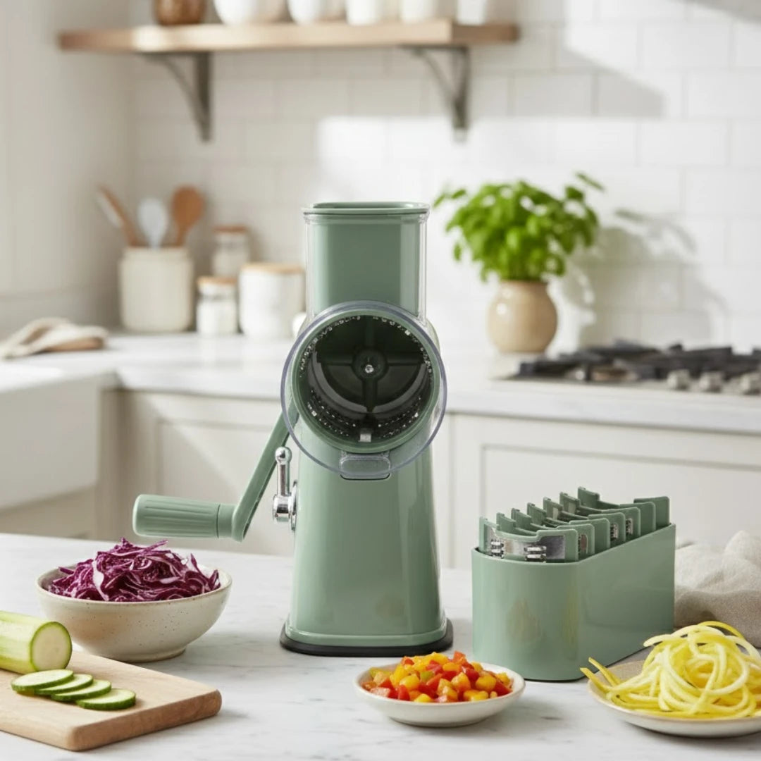 Josh & Tate - SliceMaster™ 5-in-1 Rotary Grater - Kitchen spiralizer on a counter with various vegetables and attachments in a kitchen setting