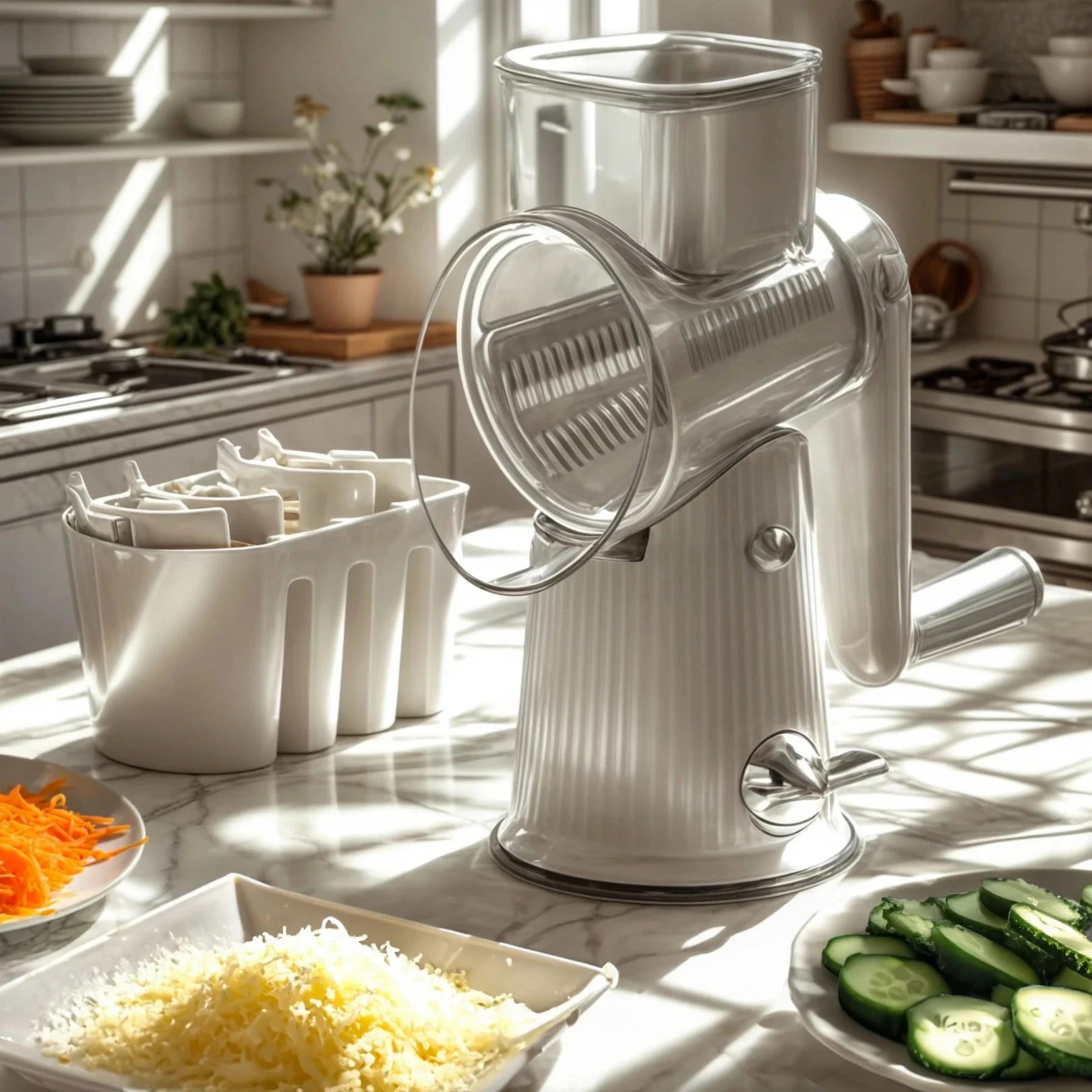 Josh & Tate - SliceMaster™ 5-in-1 Rotary Grater - Manual vegetable slicer on a kitchen counter with sliced vegetables and a basket of ingredients.