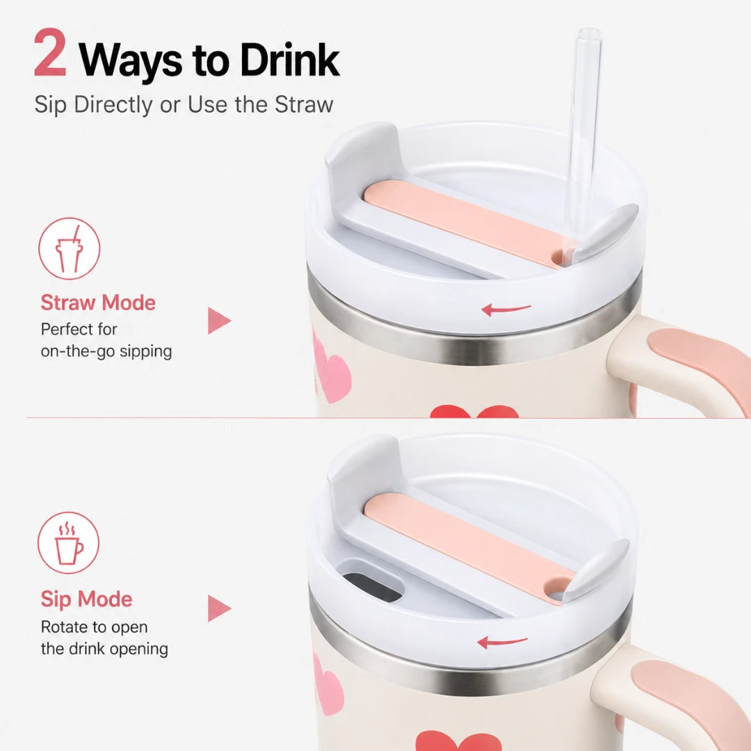 An infographic showing two ways to drink from a handled tumbler with a lid: straw mode and sip mode. The top half shows the lid open with a clear straw and pink insert, with text reading 'Straw Mode' and 'Perfect for on-the-go sipping.