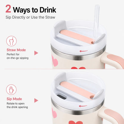 An infographic showing two ways to drink from a handled tumbler with a lid: straw mode and sip mode. The top half shows the lid open with a clear straw and pink insert, with text reading 'Straw Mode' and 'Perfect for on-the-go sipping.