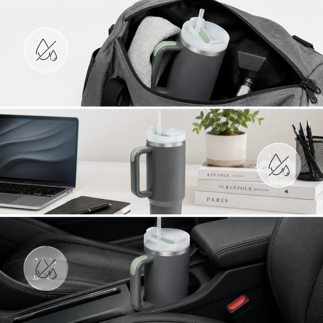 A dark gray insulated travel tumbler with a handle and straw is shown in three panels: inside an open backpack, on a desk beside a laptop and books, and placed in a car cup holder. Each panel includes a small icon indicating features like leakproof and insulated.