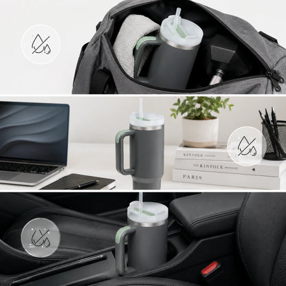 A dark gray insulated travel tumbler with a handle and straw is shown in three panels: inside an open backpack, on a desk beside a laptop and books, and placed in a car cup holder. Each panel includes a small icon indicating features like leakproof and insulated.