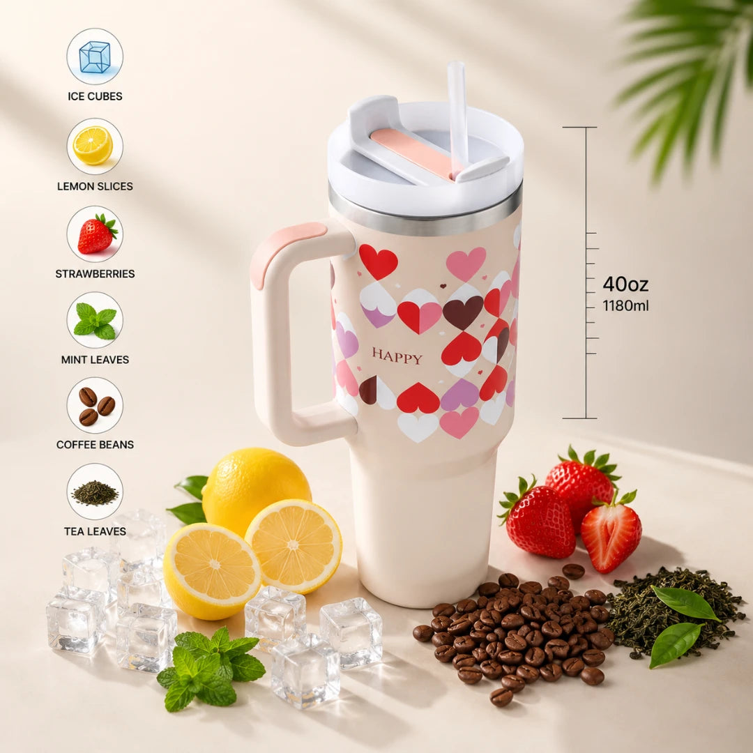 A 40 oz insulated travel tumbler with a handle, featuring a white body decorated with a colorful heart pattern and the word 'HAPPY' on the front. The tumbler is shown with a clear lid and straw, surrounded by ice cubes, lemons, strawberries, coffee beans, and mint leaves.