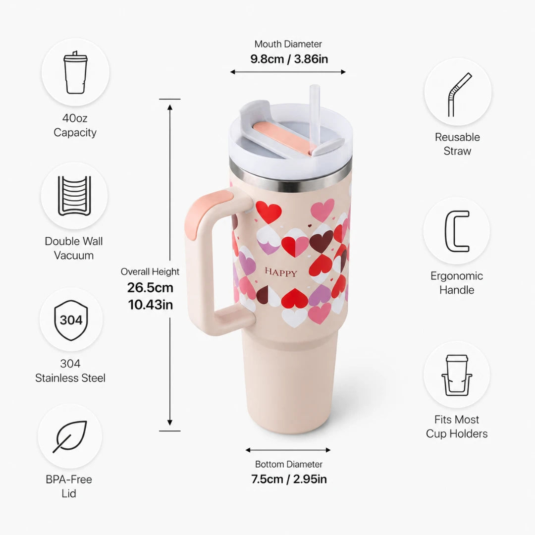 A 40oz insulated travel tumbler with a heart pattern, shown with measurement callouts and feature icons on a light gray background. The tumbler has a pale pink body, a white lid, a peach-colored straw, and a silver stainless steel rim.