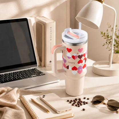 A white handled travel tumbler with a lid and straw, decorated with a pattern of red, pink, and brown hearts and the word 'HAPPY' in script, styled on a desk next to a laptop, notebook, phone, coffee beans, sunglasses, and a lamp.