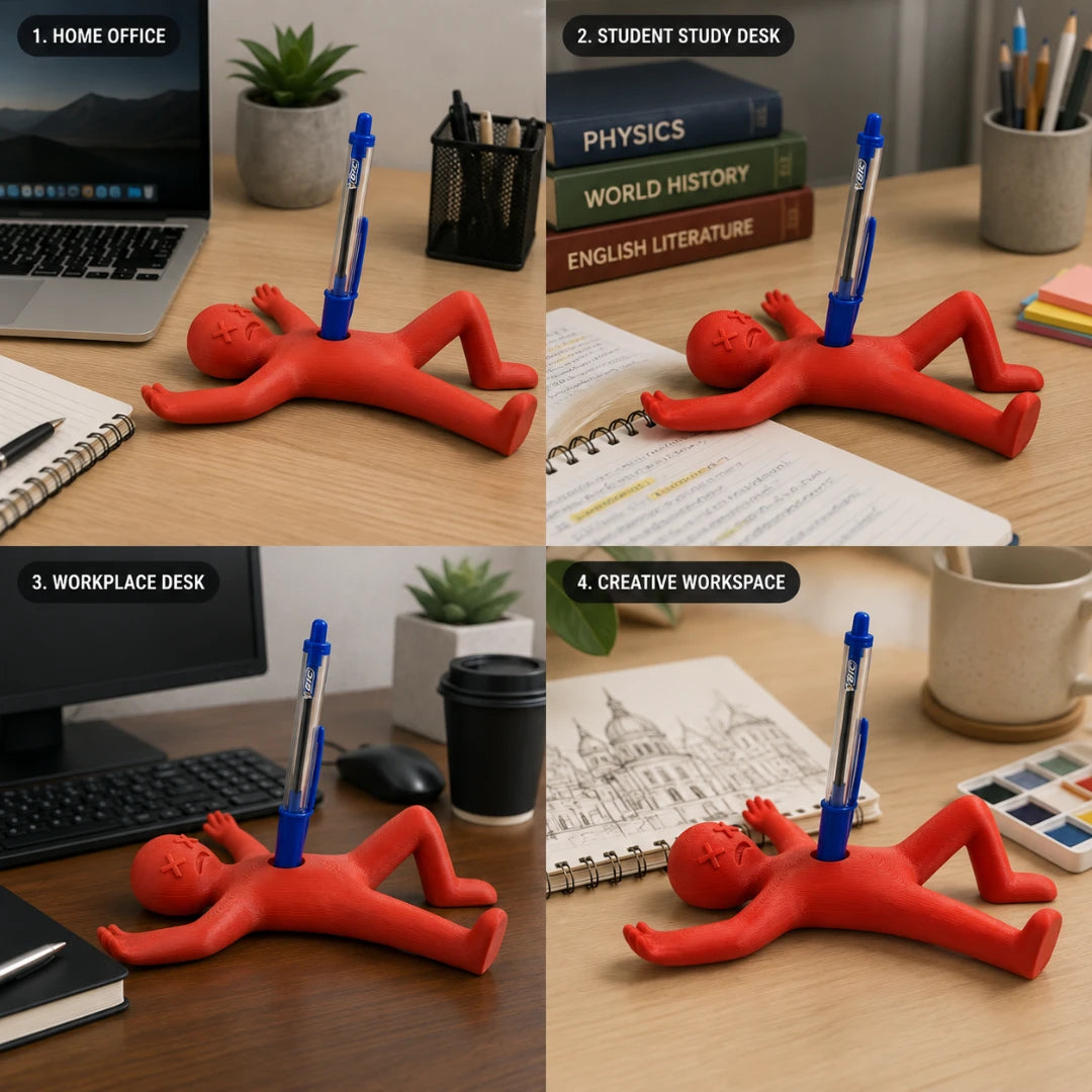 Josh & Tate - DeadDrop™ Desk Pen Stand - A four-panel collage showing a red human-shaped desk stand holding a blue pen, placed on desks in different settings: home office, student study desk, workplace desk, and creative workspace. The product is the red figurine-shaped pen holder, shown in use across multiple desk environments.