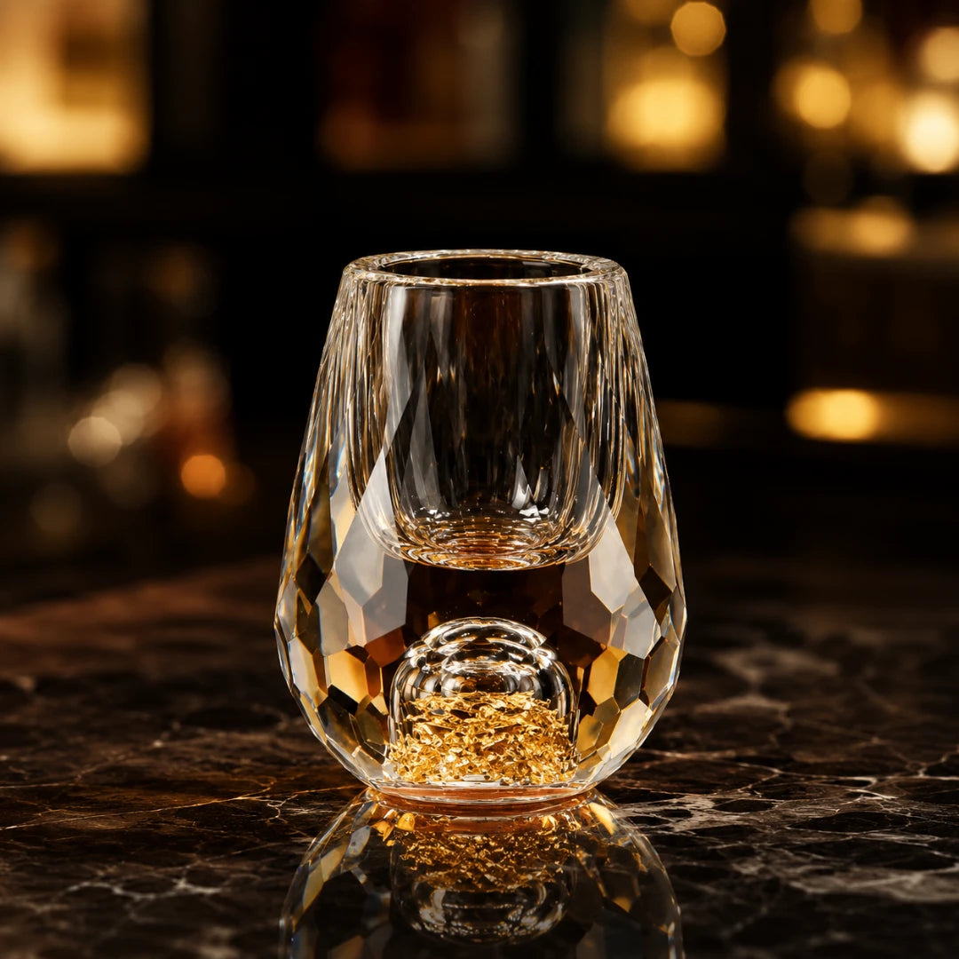 Josh & Tate - DiamondCrystal™ Shot Glass - A clear faceted double-walled glass shot glass with a textured spherical base, filled with amber liquid and set on a dark marble bar surface with a blurred bar background.