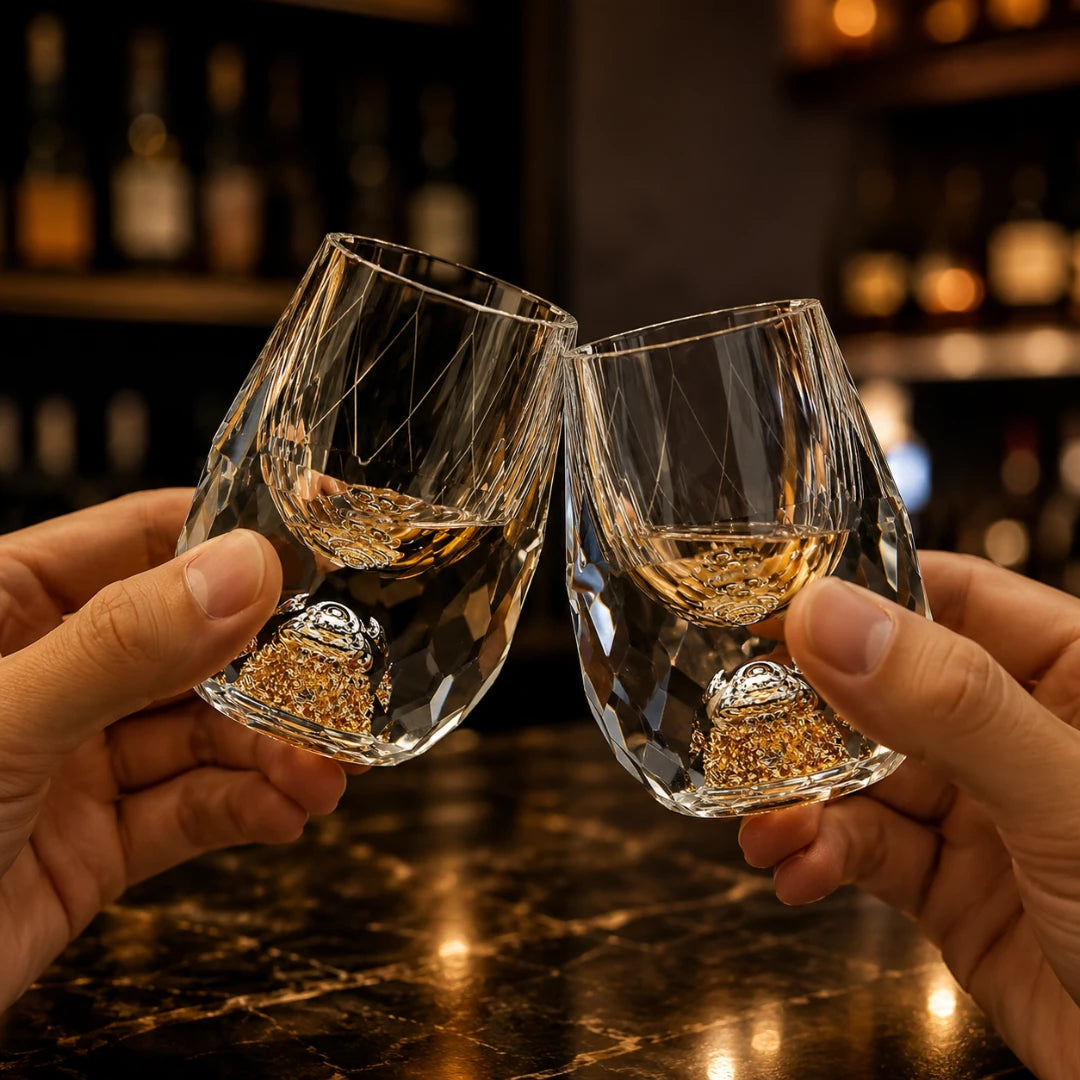 Josh & Tate - DiamondCrystal™ Shot Glass - Two hands holding clear faceted wine glasses with textured patterns and gold-toned bases, clinking together over a dark bar counter with blurred bottles in the background.