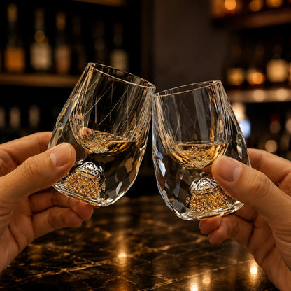 Josh & Tate - DiamondCrystal™ Shot Glass - Two hands holding clear faceted wine glasses with textured patterns and gold-toned bases, clinking together over a dark bar counter with blurred bottles in the background.