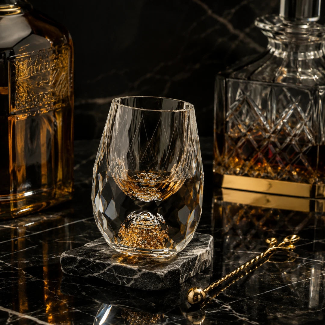 Josh & Tate - DiamondCrystal™ Shot Glass - A clear cut-crystal whiskey glass with a faceted base, filled with amber liquor, set on a dark marble coaster. A gold-toned cocktail stirrer lies nearby, with dark glass decanters blurred in the background on a black marble surface.