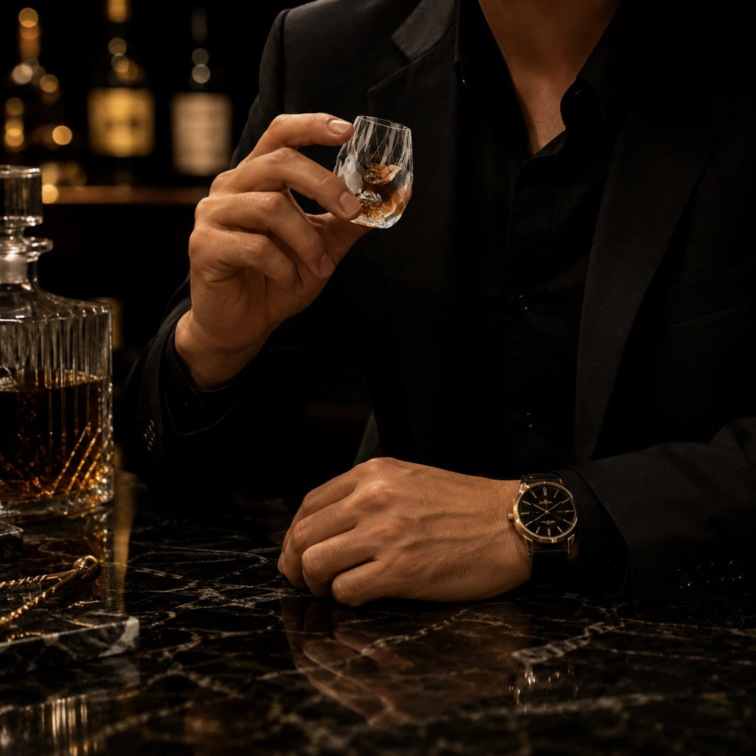 Josh & Tate - DiamondCrystal™ Shot Glass - A man in a black suit jacket and shirt holds a small clear glass tumbler with amber liquid, seated at a dark marble bar counter. A whiskey decanter sits to the left, and he wears a gold-tone wristwatch.
