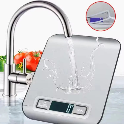 Digital kitchen scale with water flowing over it, next to a faucet and tomatoes.