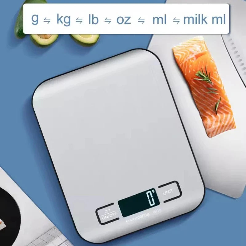 Digital kitchen scale with salmon and avocado on a blue surface