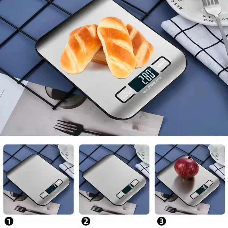 Digital kitchen scale with bread on a blue checkered tablecloth
