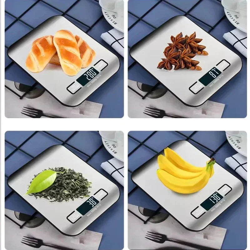 Digital kitchen scale measuring various items including bread, star anise, tea leaves, and bananas on a blue grid background.