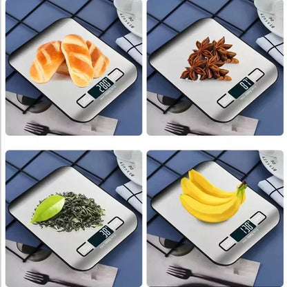 Digital kitchen scale measuring various items including bread, star anise, tea leaves, and bananas on a blue grid background.