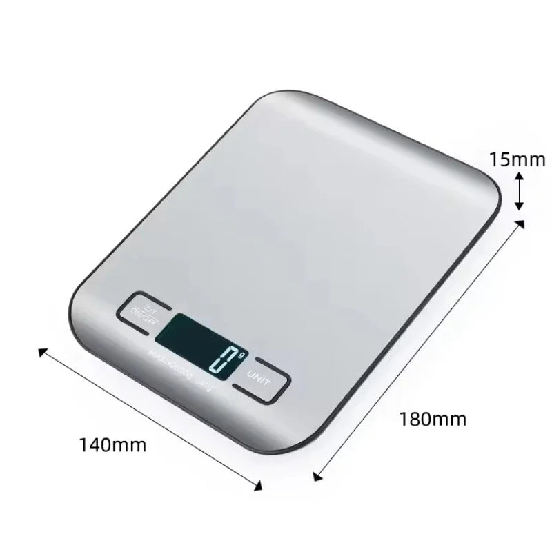 Digital kitchen scale with dimensions labeled on a white background