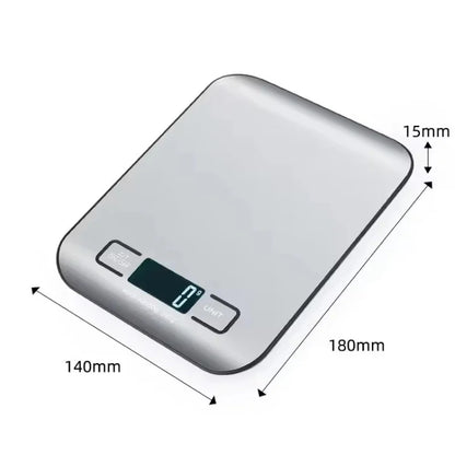 Digital kitchen scale with dimensions labeled on a white background