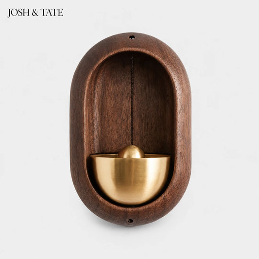 Josh & Tate - DingBell™ Retro Dopamine Door Bell - Wooden wall-mounted water feature with brass bowl on a white background, branded 'JOSH & TATE'.