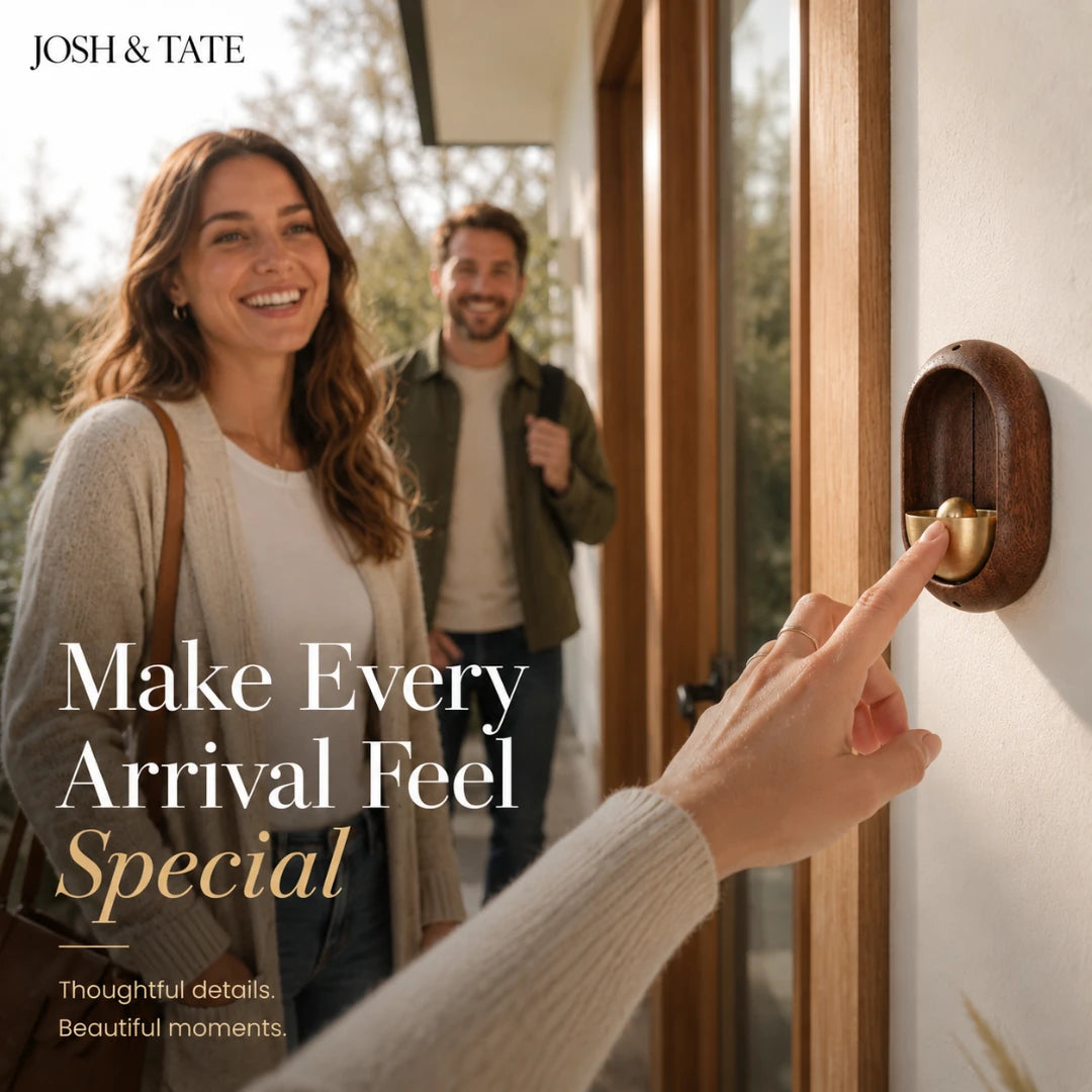 Josh & Tate - DingBell™ Retro Dopamine Door Bell - Woman opening a door with a man standing behind her, featuring text about making arrivals special.