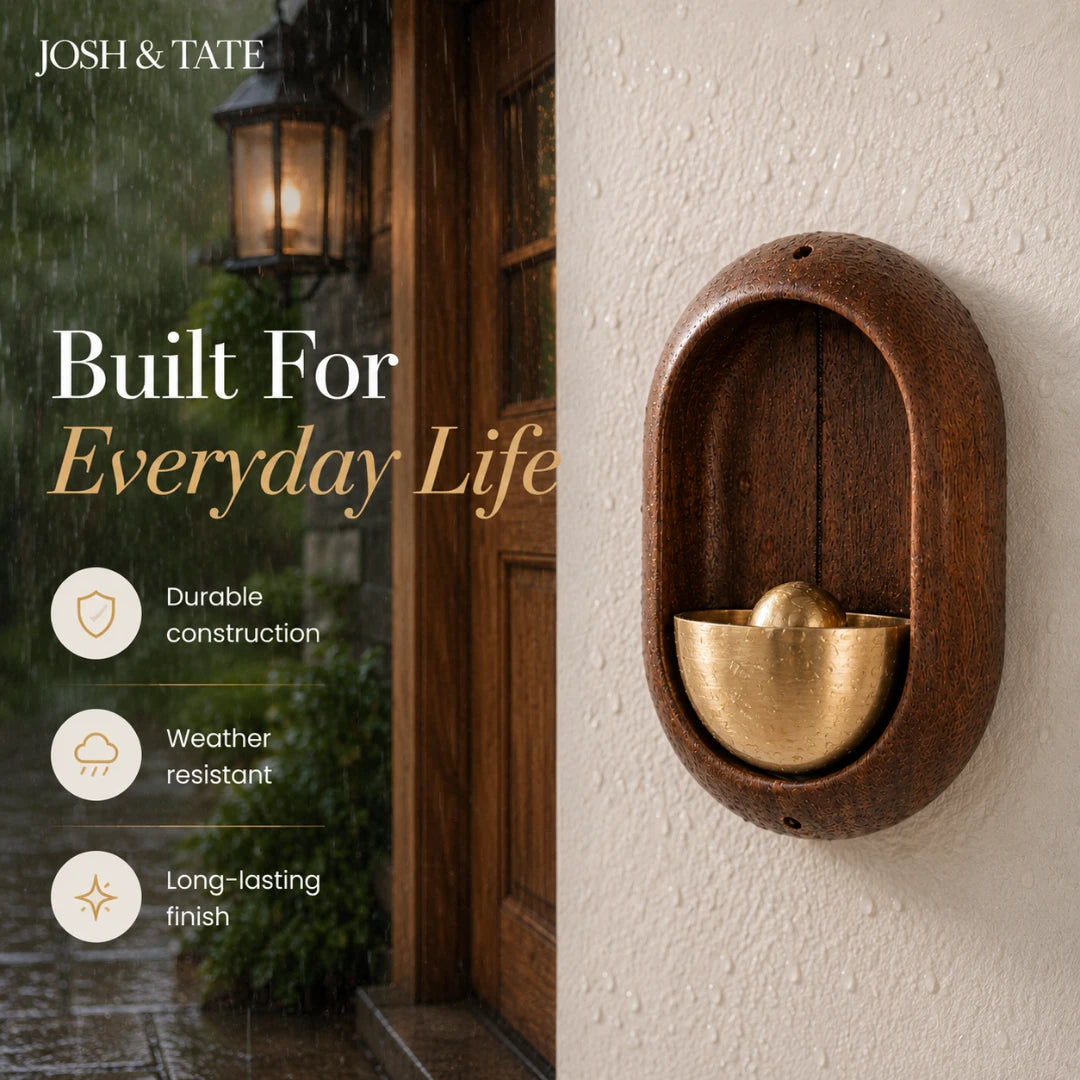 Josh & Tate - DingBell™ Retro Dopamine Door Bell - Decorative wall-mounted water feature with gold bowl on a white wall, featuring Josh & Tate branding.