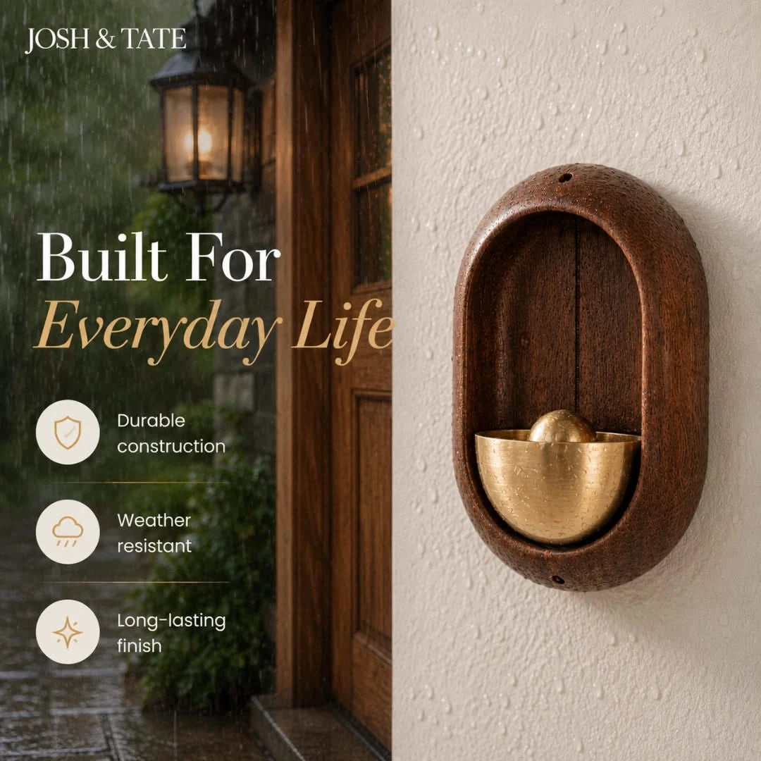 Josh & Tate - DingBell™ Retro Dopamine Door Bell - Decorative wall-mounted water feature with gold bowl on a white wall, featuring Josh & Tate branding.