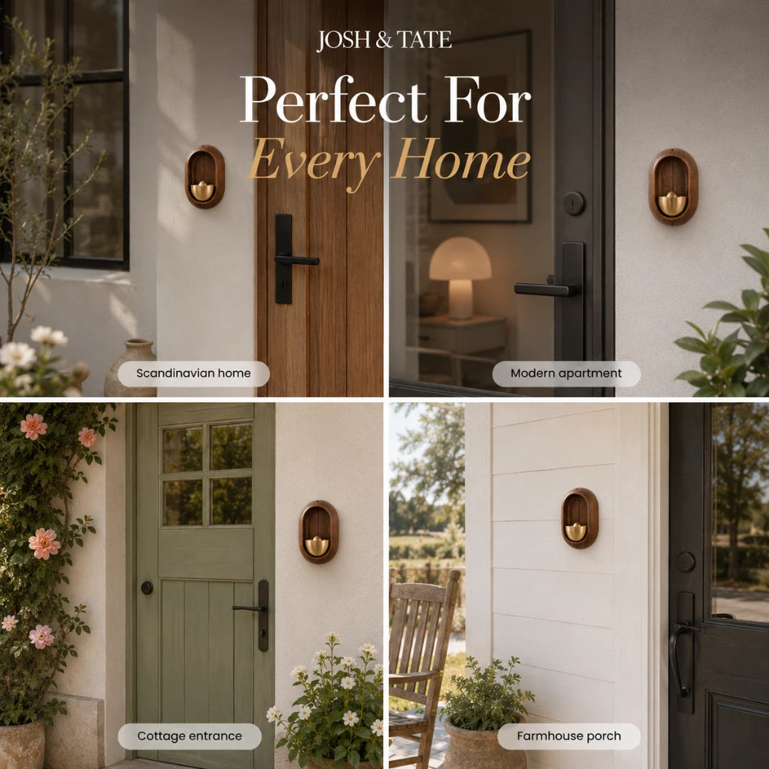 Josh & Tate - DingBell™ Retro Dopamine Door Bell - Collage of door designs with 'Josh & Tate' branding and text 'Perfect For Every Home'.