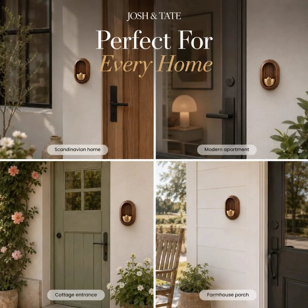 Josh & Tate - DingBell™ Retro Dopamine Door Bell - Collage of door designs with 'Josh & Tate' branding and text 'Perfect For Every Home'.