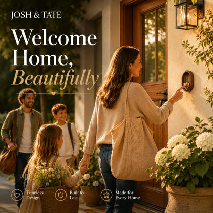 Josh & Tate - DingBell™ Retro Dopamine Door Bell - Family entering a home with 'Welcome Home, Beautifully' text and 'Josh & Tate' branding.