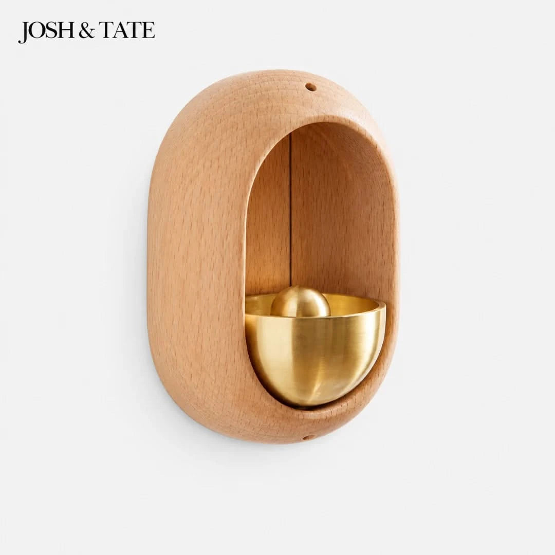 Josh & Tate - DingBell™ Retro Dopamine Door Bell - Wooden and gold decorative item with 'JOSH & TATE' branding on a white background